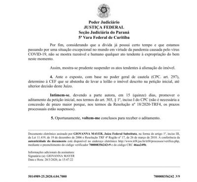 Primeira decisão em prol dos devedores do Brasil suspendendo cobrança e expropriação de imóvel devido ao Coronavírus